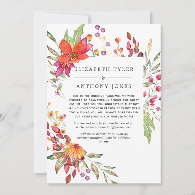 Aquarell Bröllop Med Vilda Blommor Begräsnad Gästl Meddelande (Framsida)