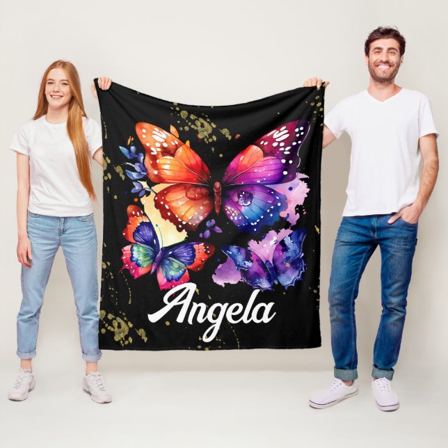 Aquarell Fjärilar Färgglada Falskt Guld Namn Fleecefilt (På plats)