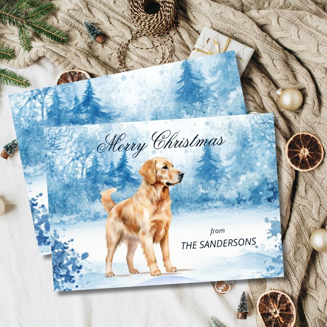 Aquarell Guldhund Vinter Högtidskort Julkort (Snowy Golden Retriever Christmas holiday card)