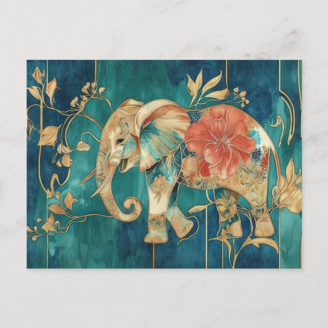 Aquarell Illustration eines Elefanten mit Blumen Vykort (Framsida)