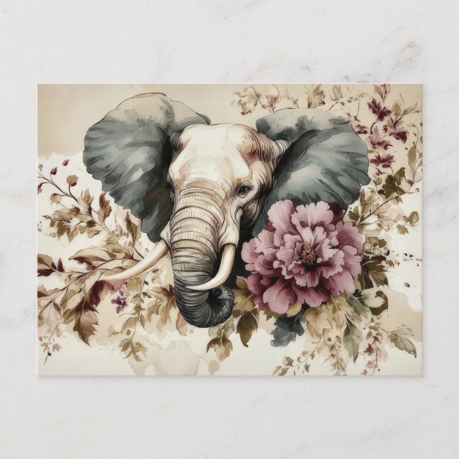 Aquarell Illustration eines Elefanten mit Blumen Vykort (Framsida)