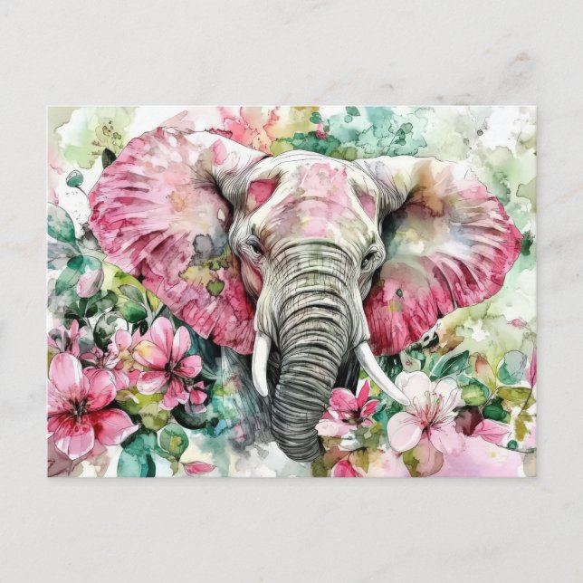 Aquarell Illustration eines Elefanten mit Blumen Vykort (Framsida)
