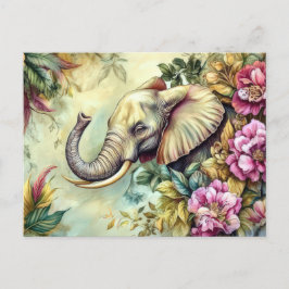 Aquarell Illustration eines Elefanten mit Blumen Vykort