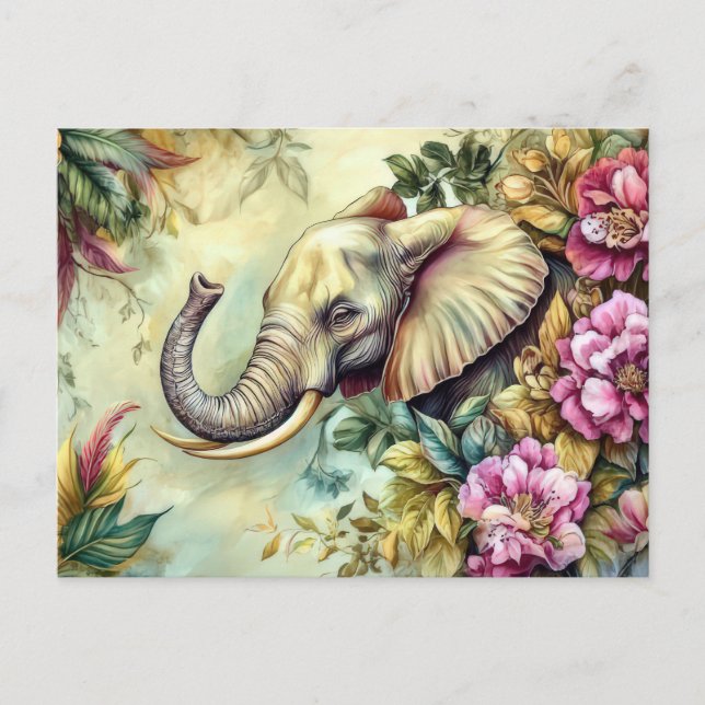 Aquarell Illustration eines Elefanten mit Blumen Vykort (Framsida)