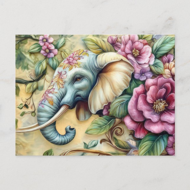 Aquarell Illustration eines Elefanten mit Blumen Vykort (Framsida)