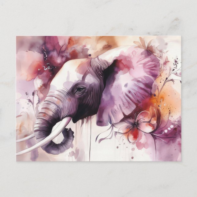 Aquarell Illustration eines Elefanten mit Blumen Vykort (Framsida)
