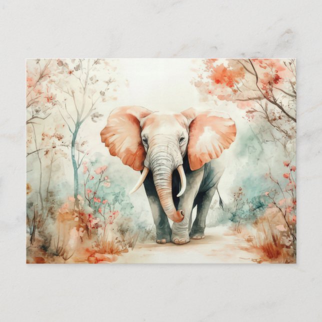 Aquarell Illustration eines Elefanten mit Blumen Vykort (Framsida)