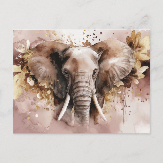 Aquarell Illustration eines Elefanten mit Blumen Vykort (Framsida)