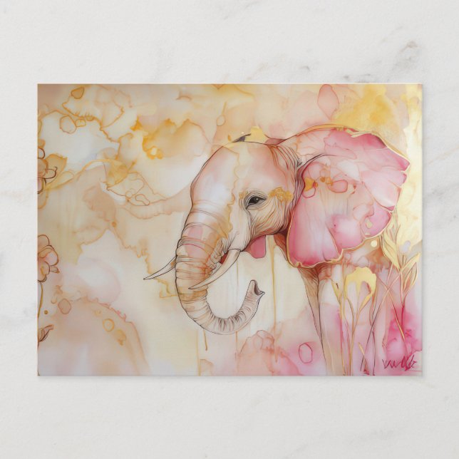 Aquarell Illustration eines Elefanten mit gold Vykort (Framsida)
