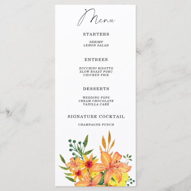 Aquarell liljor elegant blomster minimalistisk men meny (Framsida)