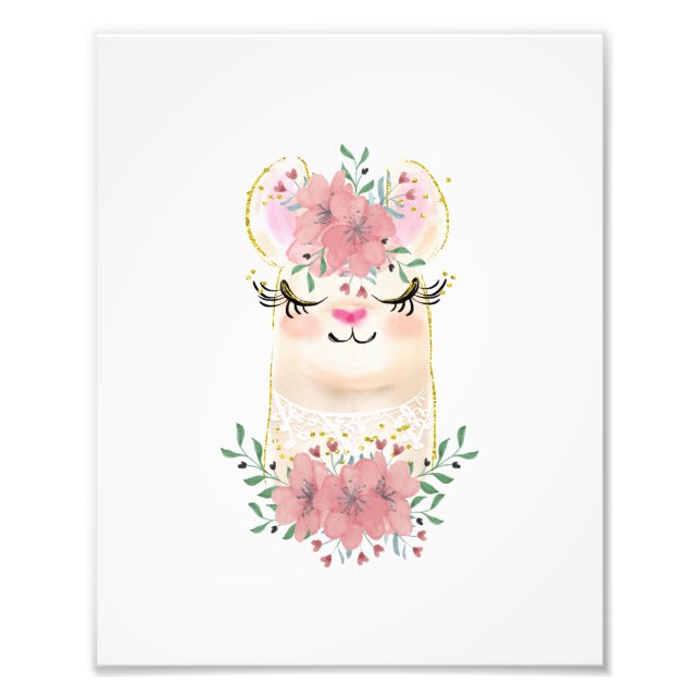 Aquarell Llama med blommotiv Foto Print (Framsidan)
