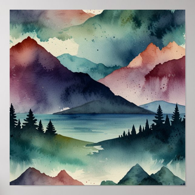 Aquarell Minimalistisk Berg Väggkonst (Framsidan)