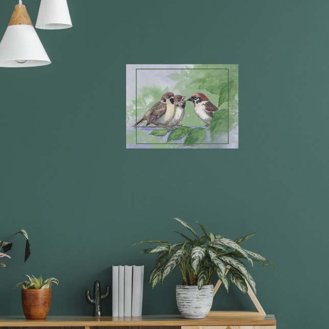 Aquarell Mor Sparv Föda Ungar Poster (Vardagsrum 1)