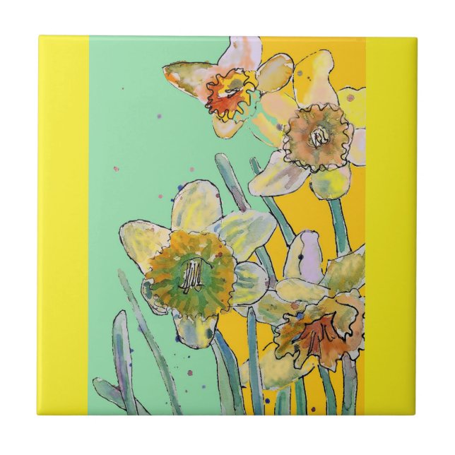 Aquarell Narcissblomma Blomma Aqua Gul Kakelplatta (Framsidan)