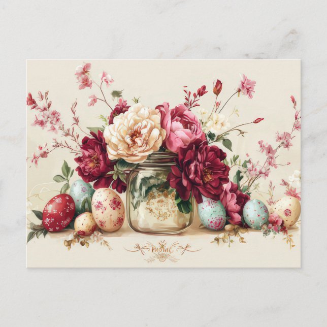 Aquarell Oster Postkarte mit Ostereiern und Blumen Vykort (Framsida)