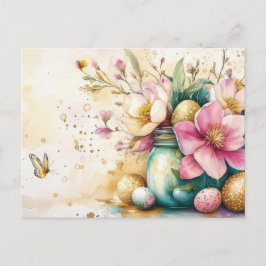 Aquarell Oster Postkarte mit Ostereiern und Blumen Vykort