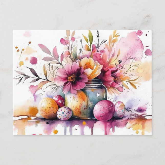 Aquarell Oster Postkarte mit Ostereiern und Blumen Vykort (Framsida)