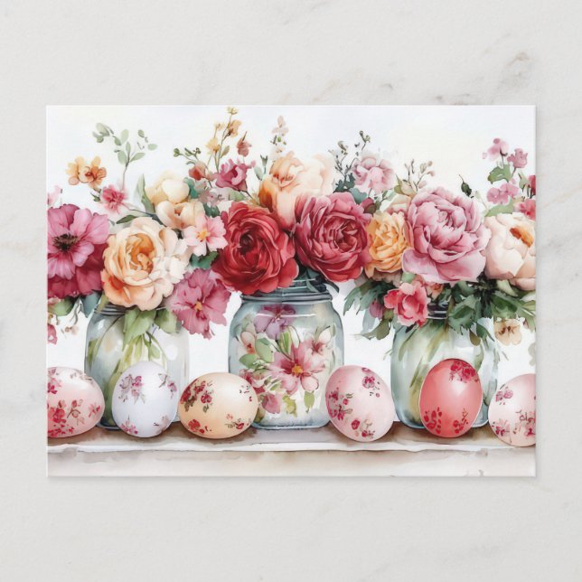 Aquarell Oster Postkarte mit Ostereiern und Blumen Vykort (Framsida)