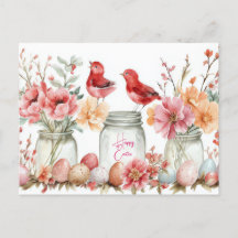 Aquarell Oster Postkarte mit Ostereiern und Blumen
