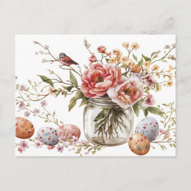 Aquarell Oster Postkarte mit Ostereiern und Blumen Vykort (Framsida)