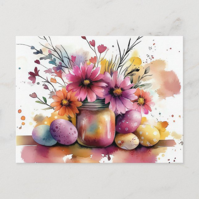 Aquarell Oster Postkarte mit Ostereiern und Blumen Vykort (Framsida)