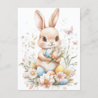 Aquarell Oster Postkarte mit Osterhase und Blumen Vykort