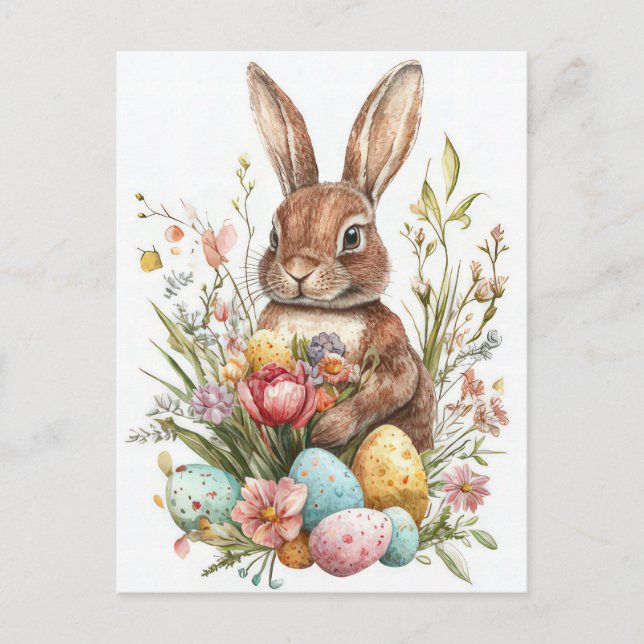 Aquarell Oster Postkarte mit Osterhase und Blumen Vykort (Framsida)