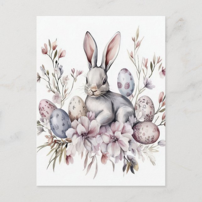 Aquarell Oster Postkarte mit Osterhase und Blumen Vykort (Framsida)