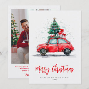 Aquarell Röd Bil Jul Högtid Familjefoto Julkort
