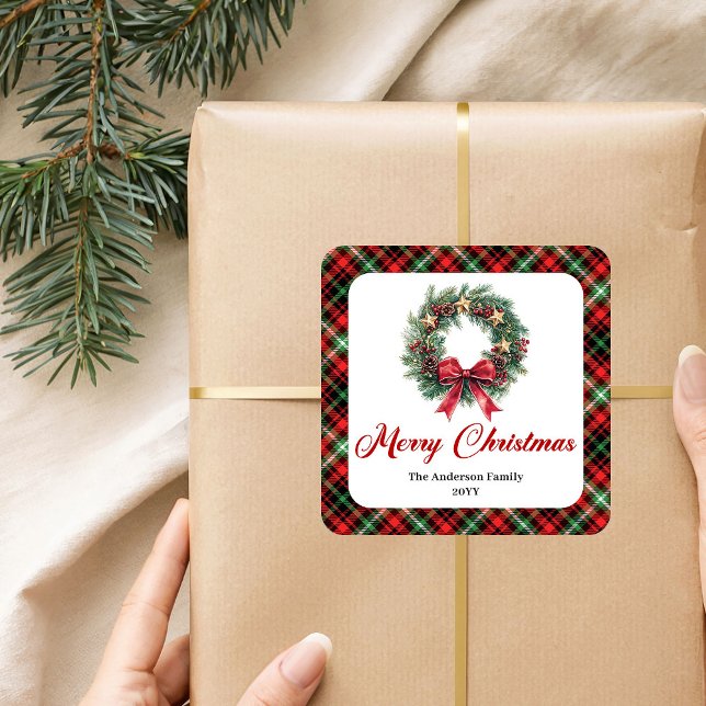 Aquarell Röd Grön Karo Julkrans Etiketter (Watercolor Red Green Plaid Christmas Wreath Labels)