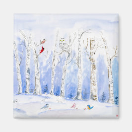 Aquarell Snöuggla, sångfåglar och björkträd Magnet