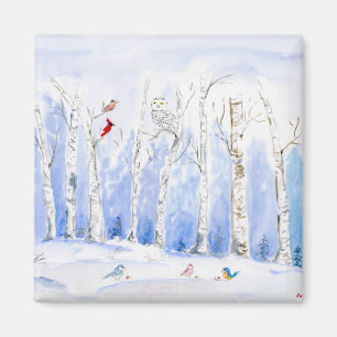 Aquarell Snöuggla, sångfåglar och björkträd Magnet