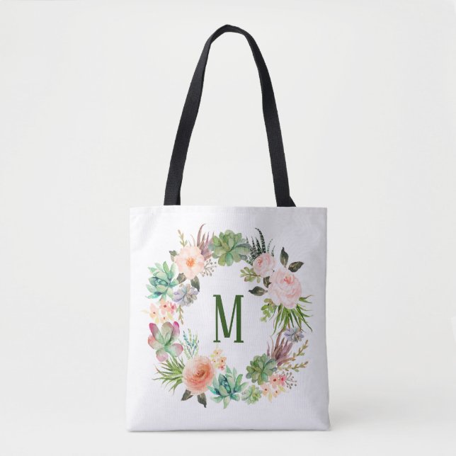 Aquarell Sukkulent Blommig Krans Monogram Tygkasse (Framsida)