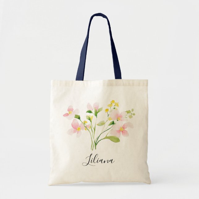 Aquarell Vår Rosafärgad Gula Blommor Bukett Tygkasse (Framsidan)