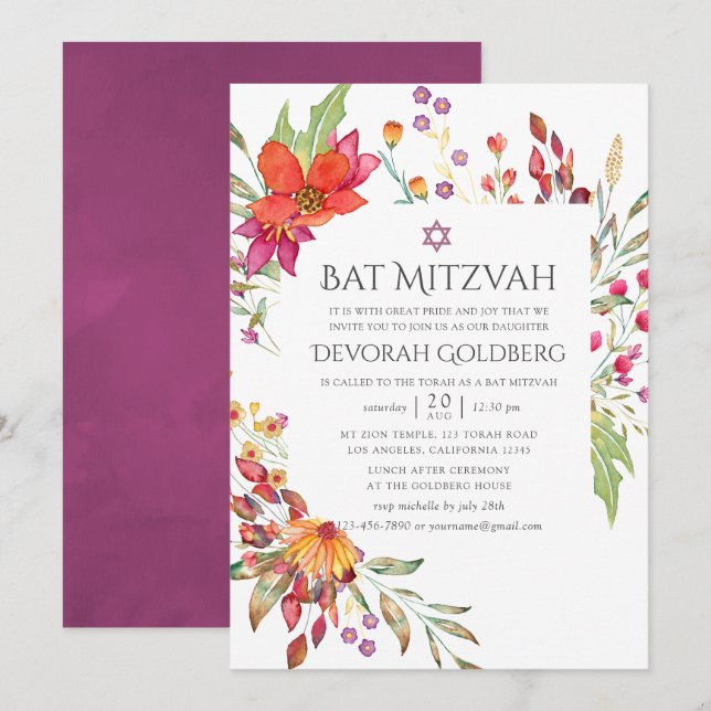 Aquarell Vilda Blommor Bat Mitzvah Inbjudningar (Fram/baksida)