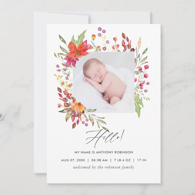 Aquarell Vildblomma Födelse Tillkännagivande Fotok Meddelande (Framsida)