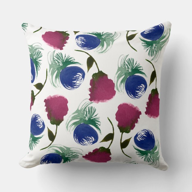 Aquarellblommor Blå Burgunder Grönska Målarbok Kudde (Framsida)