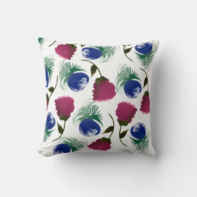 Aquarellblommor Blå Burgunder Grönska Målarbok Kudde (Framsida)