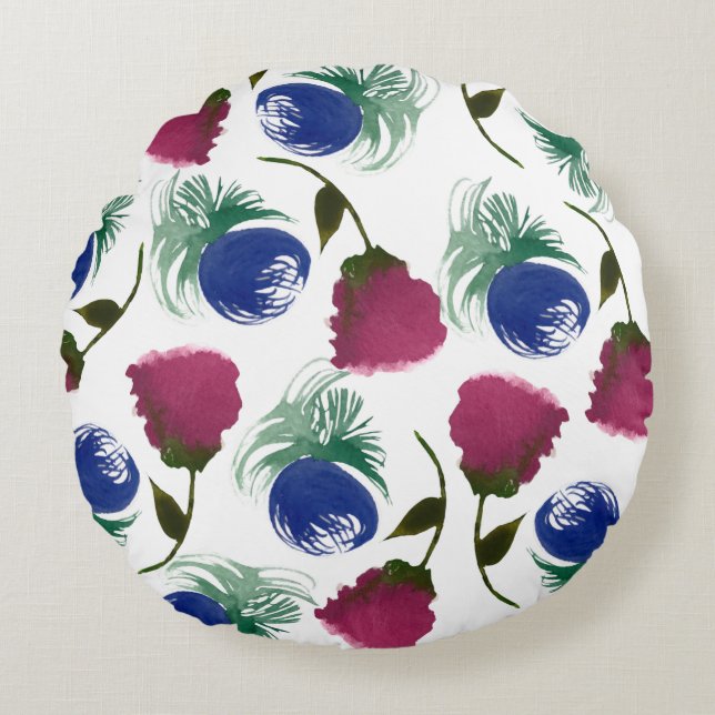 Aquarellblommor Blå Burgunder Grönska Målarbok Rund Kudde (Framsidan)
