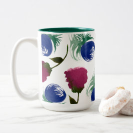 Aquarellblommor Blå Burgunder Grönska Målarfärg Två-Tonad Mugg