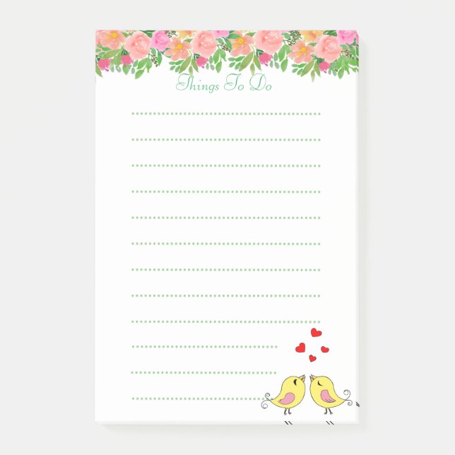 Aquarellblommor & fåglar Linjerade saker att göra Post-it Block (Framsida)