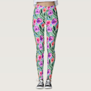 Aquarellblommor i lila, rosa och grönt leggings