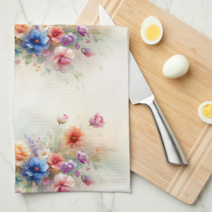 Aquarellblommor Lila Gul Röd Blå Grön Kökshandduk