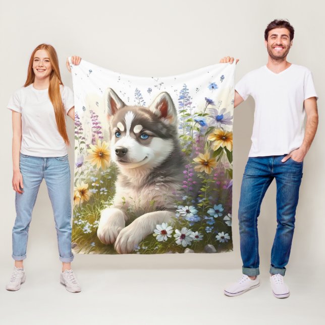 Aquarellblommor och sibirisk husky-valp fleecefilt (På plats)