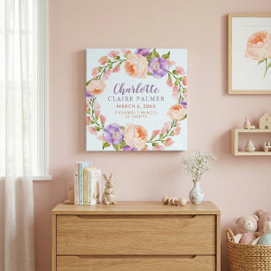 Aquarellblommor Personliga Babyfödelsestatistik Canvastryck