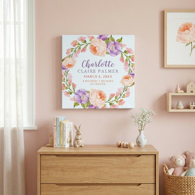 Aquarellblommor Personliga Babyfödelsestatistik Canvastryck (Skapare uppladdad)