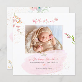 Aquarelle Fleurs Remerciement Naissance Fille Inbjudningar