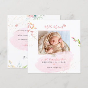 Aquarelle Fleurs Remerciement Naissance Fille Inbjudningar