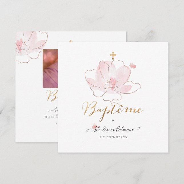 Aquarelle Les Fluers Faire-part de Baptême Inbjudningar (Fram/baksida)