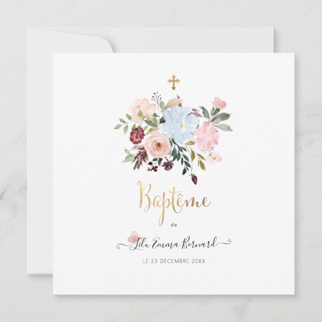 Aquarelle Petites Fluers Faire-part de Baptême Inbjudningar (Framsida)